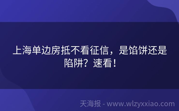 上海单边房抵不看征信，是馅饼还是陷阱？速看！