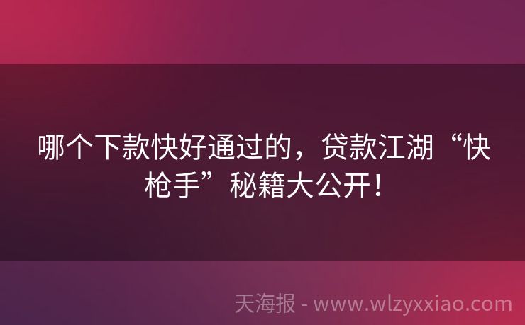 哪个下款快好通过的，贷款江湖“快枪手”秘籍大公开！