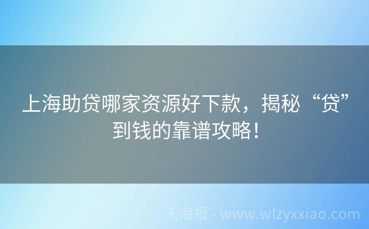上海助贷哪家资源好下款，揭秘“贷”到钱的靠谱攻略！