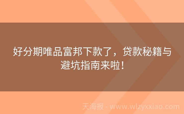 好分期唯品富邦下款了，贷款秘籍与避坑指南来啦！