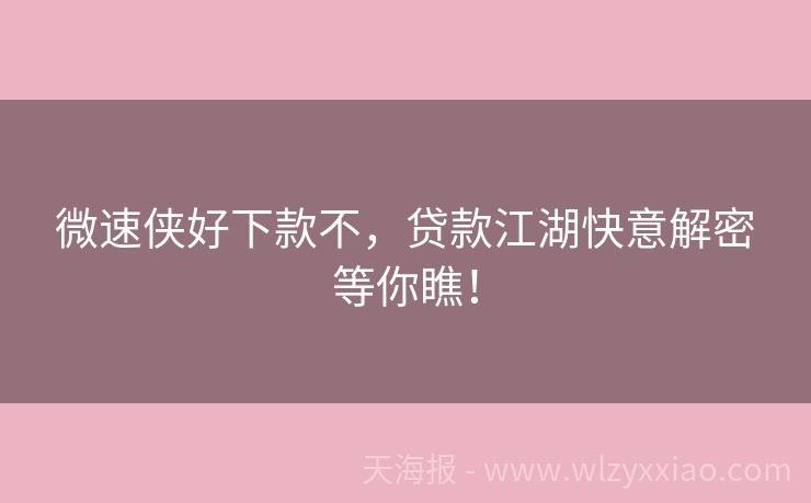 微速侠好下款不，贷款江湖快意解密等你瞧！
