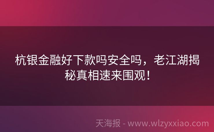 杭银金融好下款吗安全吗，老江湖揭秘真相速来围观！